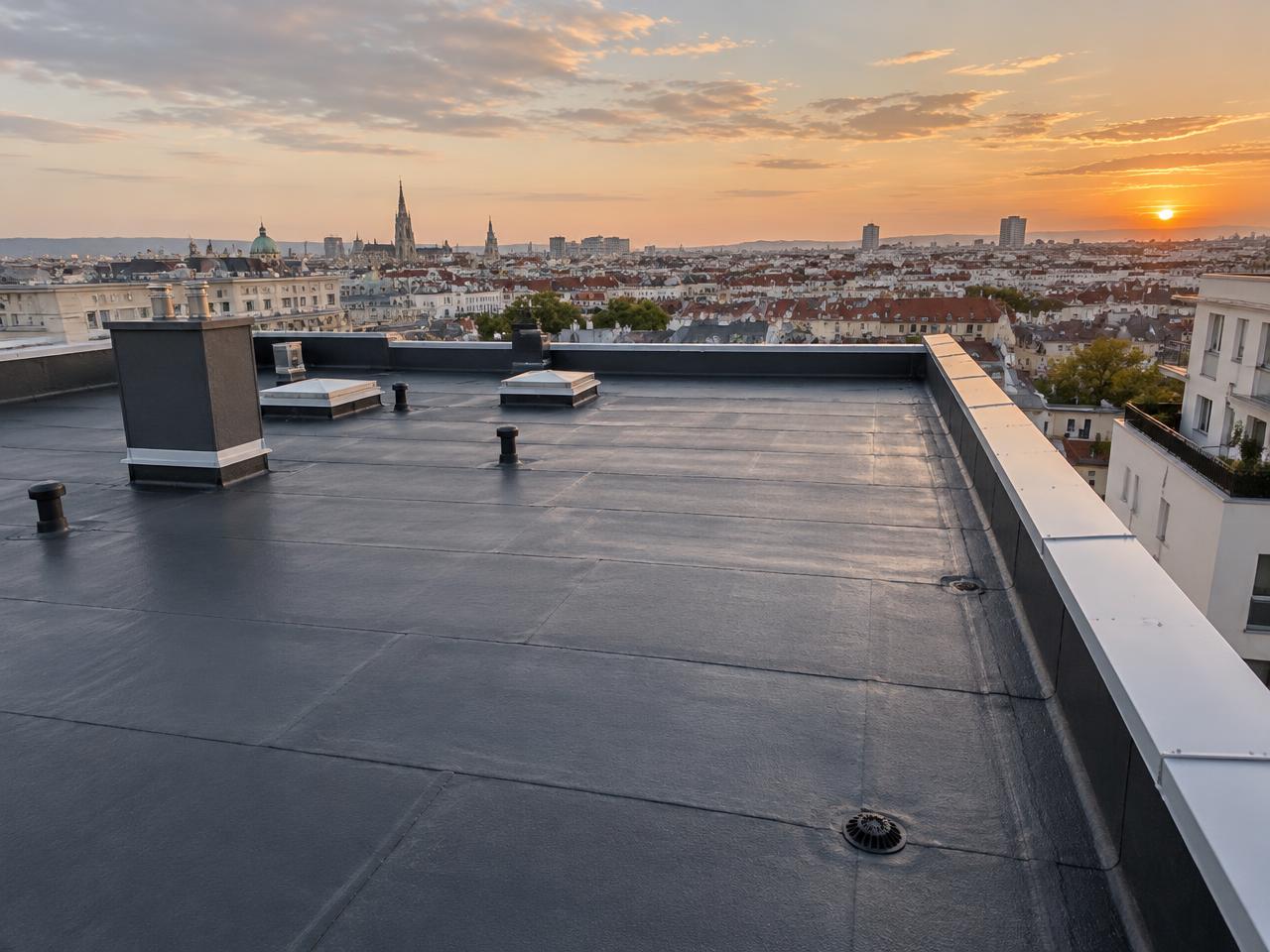 Abgedichtetes Flachdach über Wien im Abendlicht