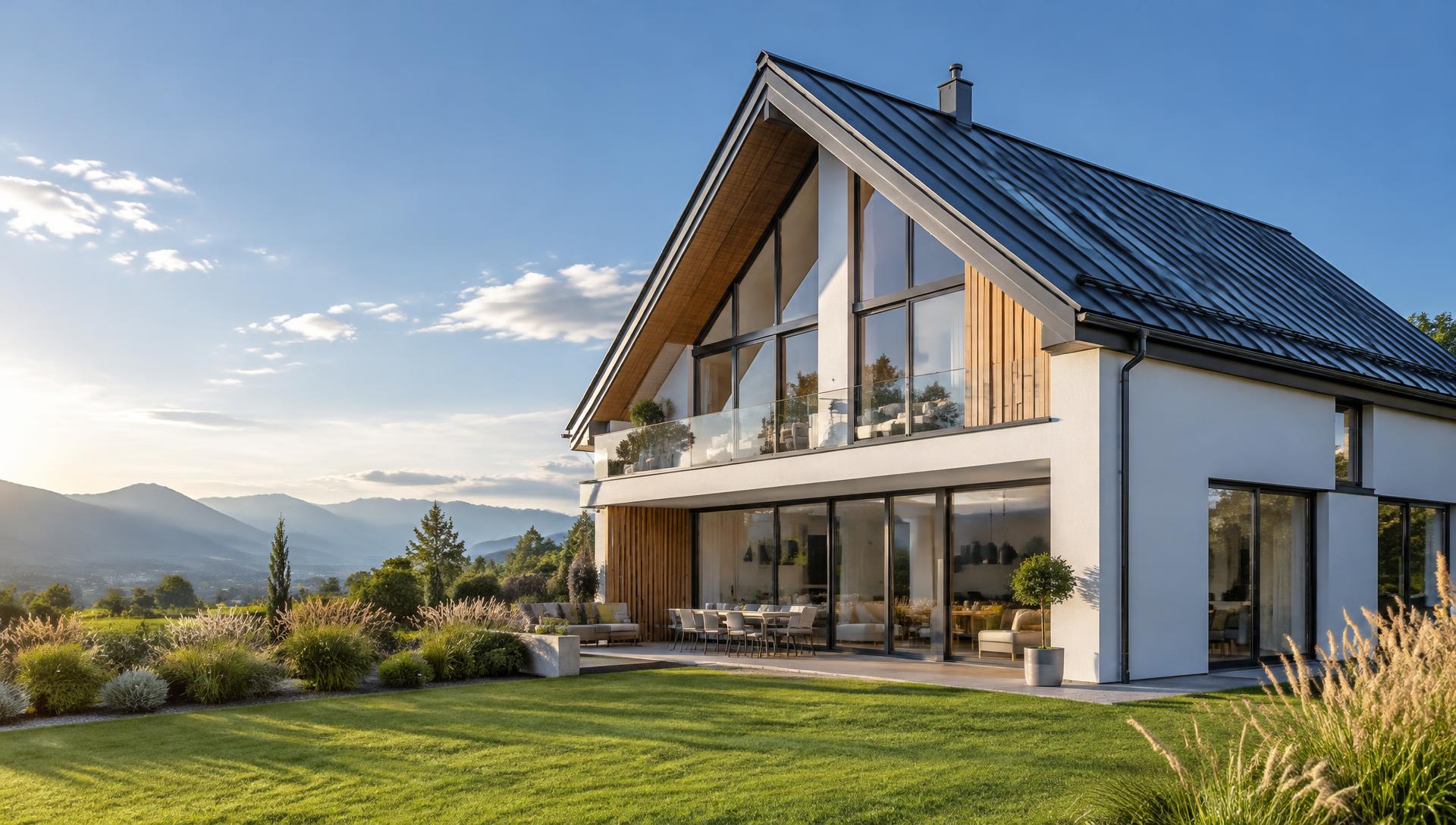 Modernes Wohnhaus mit neuem anthrazitfarbenem Stehfalzdach bei Sonnenschein