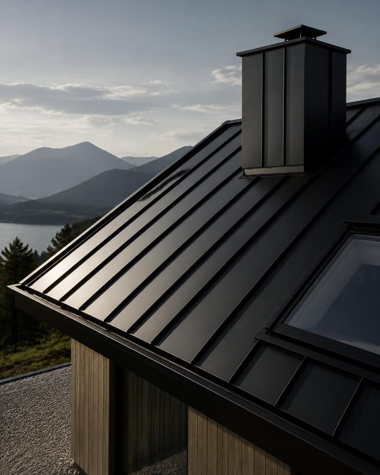 Schwarzes Stehfalzdach mit verblechtem Kamin